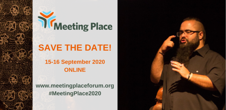 Image of a man signing in Auslan with text overlaid that reads: Meeting Place Save the Date. 15-16 September 2020. ONLINE. www.meetingplaceforum.org #MeetingPlace2020