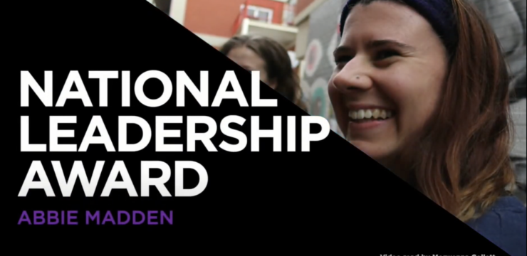Picture of a woman in her 20s with long brown hair and the words National Leadership Award Abbie Madden