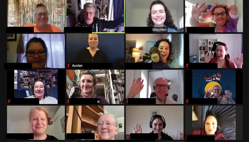 Screenshot of a Zoom grid of 12 people waving and smiling at the camera