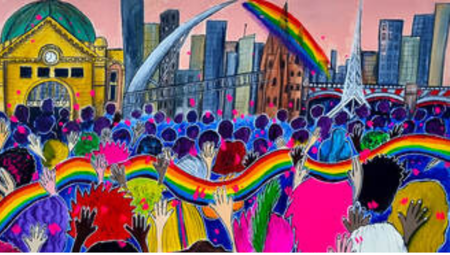 Artwork of a crowd of people with their hands in the air. In the distance is the Flinders St Railway station. There is a rainbow ribbon flowing over the crowd.