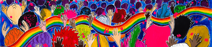 Artwork of a crowd of people with their hands in the air. In the distance is the Flinders St Railway station. There is a rainbow ribbon flowing over the crowd.
